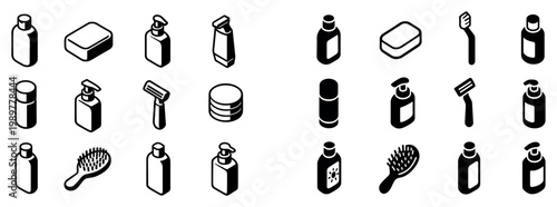 Toiletry icons with bottle pump toothbrush outline