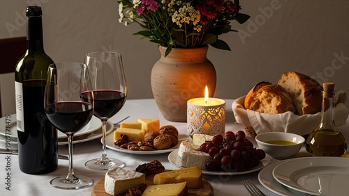 A beautifully set table with wine, cheese, and flowers for a romantic dinner