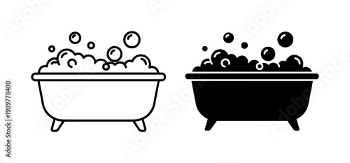 Minimalist bathtub icons with soap bubbles, black and white bathroom symbols, flat vector bathtub set for spa and hygiene design