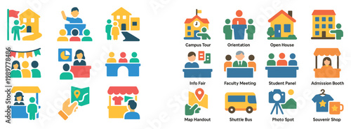Education icons with campus bus and map colorful