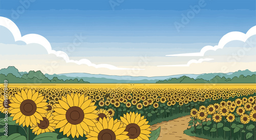 Vast sunflower field under a blue sky with fluffy clouds, rural landscape path