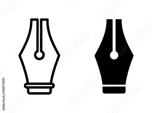Minimalist fountain pen nib icons, black ink pen tip vector set, professional calligraphy and graphic design tool symbols on white background