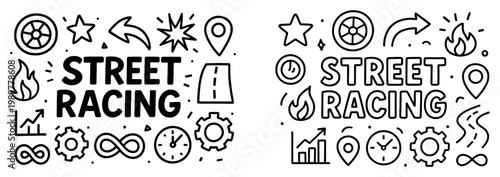 Street racing icons with wheel star road outline