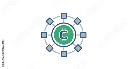 Green cryptocurrency symbol with blocks.