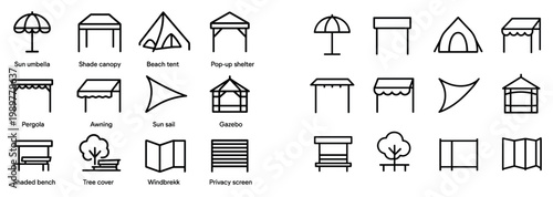 Outdoor icons with umbrella bench tent outline