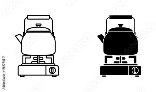 Camping kettle on portable gas stove vector icons, outdoor cooking equipment set, black and white stovetop tea pot illustrations for hiking