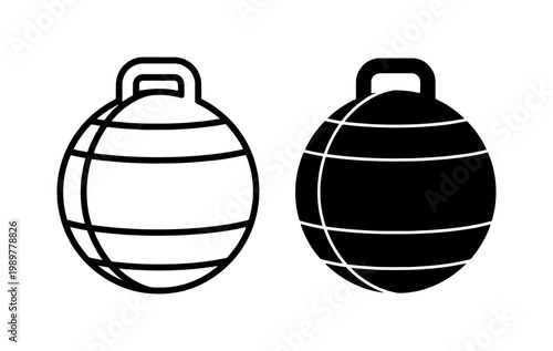 Minimalist fitness hopper ball vector icons, black and white inflatable space hopper set, bouncy ball with handle for children exercise and play