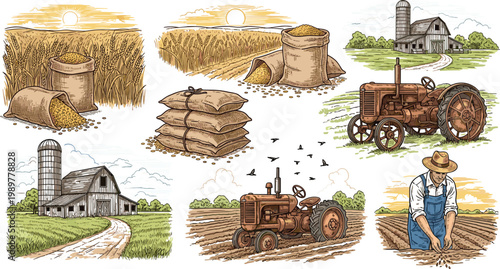 Vintage Farm and Rural Life Scene Set with Hay Bales, Barn, Tractor, and Farmer for Agriculture, Country, and Harvest Designs
Vintage Farm and Rural Life Scene Set with Hay Bales, Barn, Tractor, and 