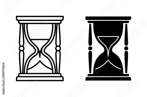 Hourglass vector icons set, black and white sand timer symbols, vintage glass clock silhouettes for time management and deadline concepts