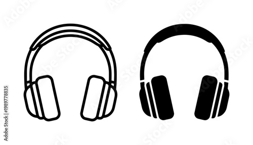 Minimalist headphone icons set, black and white wireless headset silhouettes, modern audio equipment vector symbols for music and podcasting apps