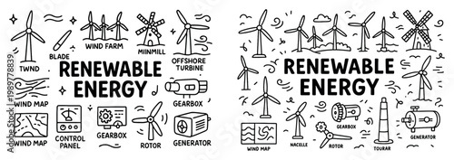 Renewable energy icons with wind turbine nacelle outline