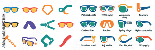 Eyewear icons with frame hinge temple colorful