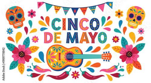 Colorful mexican holiday celebration illustration. Traditional guitar surrounded by chili peppers and marigold flowers. Vibrant banner with confetti and skulls for cultural festival party.