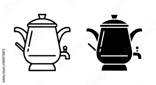 Traditional Russian samovar vector icons, antique tea kettle line art and silhouette, vintage metal water boiler for tea ceremony branding