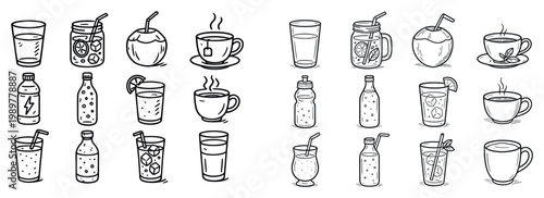 Beverage icons with glass jar cup outline