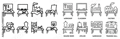 Workshop icons with table sewing machine mannequin minimalist
