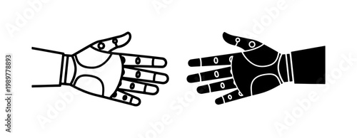 Robotic hand vector icons in outline and silhouette styles, futuristic bionic arm prosthesis, mechanical cyborg limb for artificial intelligence and technology concepts