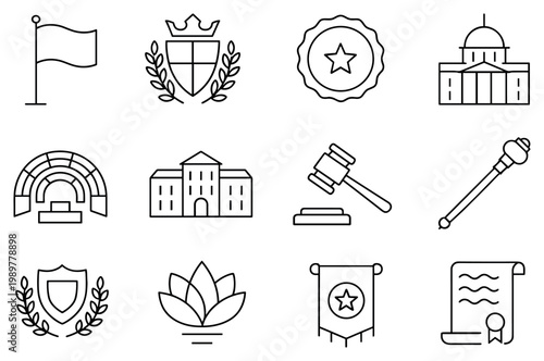 Government icons with flag gavel shield outline