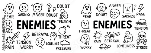 Emotion icons with fear anger doubt outline