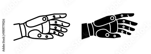 Robotic hand vector icons, prosthetic bionic limb illustrations, futuristic mechanical hand set in line and silhouette styles for technology design