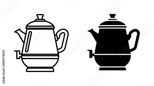 Vintage coffee percolator icons, retro metal teapot vector set, black and white kitchen appliance silhouettes for cafe branding and menu design