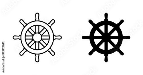 Nautical ship wheel icons in line and silhouette styles, black maritime steering wheel vector set, boat helm symbols for marine navigation