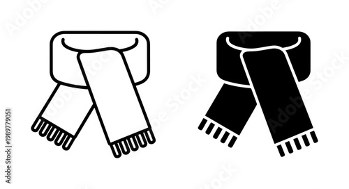 Minimalist winter scarf vector icons, black outline and solid silhouette neck scarf set, cozy autumn clothing accessories for weather apps