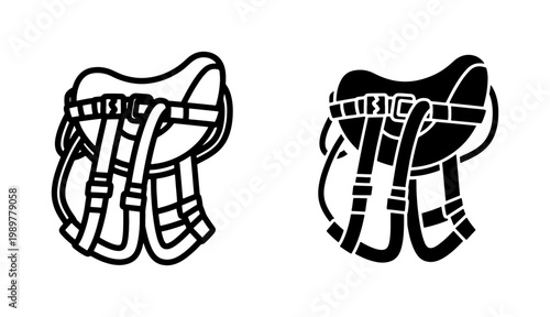 Climbing harness vector icons, rock climbing safety gear set, mountaineering equipment line and silhouette illustrations for outdoor sports