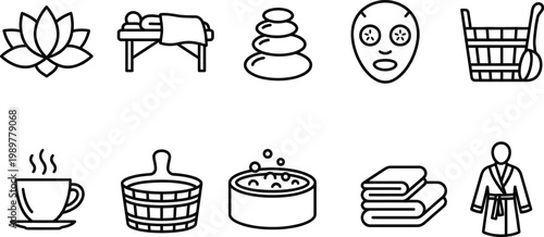 Minimalist Spa and Wellness Icon Set with Lotus Massage Table Zen Stones Facial Mask Sauna and Hot Tub Line Art