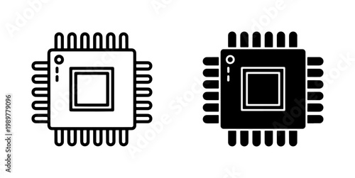Computer CPU microchip vector icons, electronic processor circuit symbols, black and white hardware component graphics for technology design