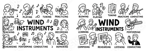 Music icons with trumpet flute clarinet outline