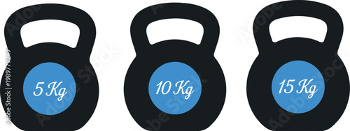 Kettlebell set with weight markers 5kg 10kg and 15kg minimalist fitness icons for gym training and home workout equipment vector illustration.