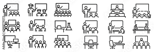 Education icons with teacher board and students outline