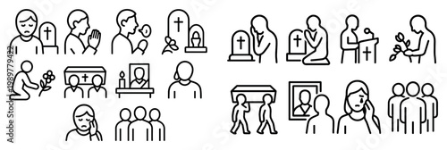 Funeral icons with coffin tombstone mourner outline