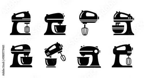Set of Black Kitchen Stand Mixer Icons, Vector Illustrations