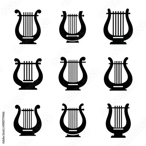 Set of Black Lyre Icons: Ancient Musical Instrument Graphics