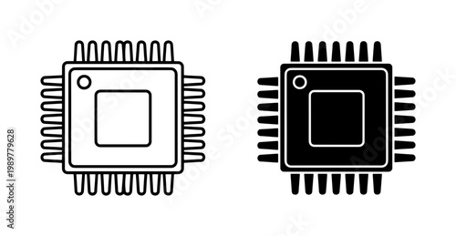Computer processor microchip vector icons, black and white CPU semiconductor symbols, electronic hardware components for technology design