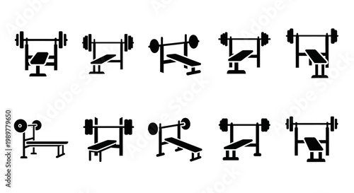 Weightlifting Bench Press Equipment Set Icons: Flat Design for Gym and Fitness