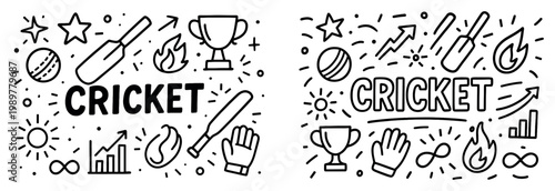 Sport icons with cricket bat ball trophy doodle