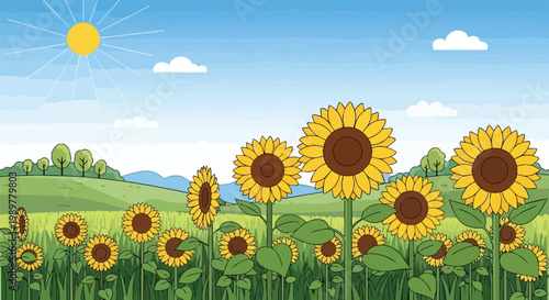 Vibrant Sunflower Field Under Sunny Blue Sky - Summer Landscape Illustration