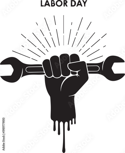 A clenched fist powerfully grips a wrench symbolizing labor day and workers strength