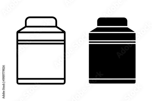 Minimalist supplement jar icons, black line and silhouette protein powder container vector, sports nutrition packaging symbols for fitness branding