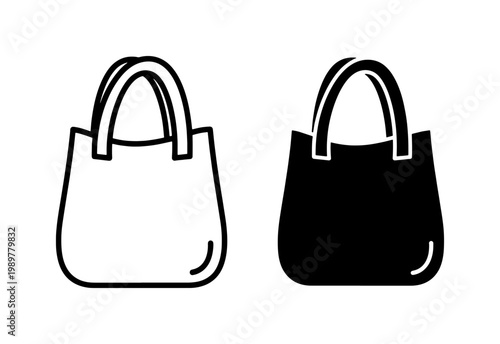 Minimalist tote bag icons in outline and solid black styles, reusable shopping bag vector set, eco-friendly fabric handbag illustrations for retail