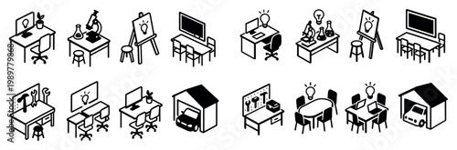 Office workspace icons with desk easel monitor outline