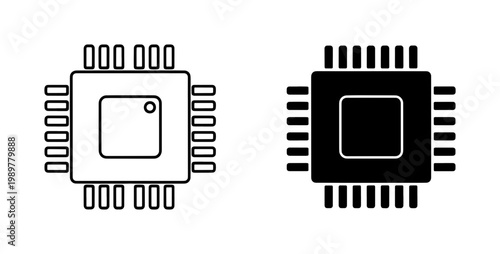 Computer chip icons in outline and solid black styles, microchip processor vector symbols, electronic hardware component graphics for technology design