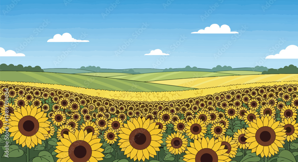 Fototapeta premium Vast Sunflower Field Under Blue Sky with Clouds - Rural Landscape