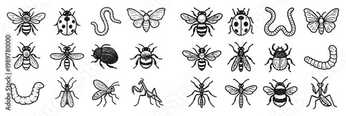 Insect icons with bee lady bug butterfly outline