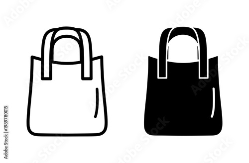 Minimalist tote bag icons, reusable eco-friendly shopping bag vector set, black and white fabric grocery bag silhouette and outline illustrations