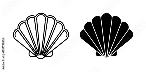 Minimalist seashell vector icons, black outline and solid scallop shell silhouettes, nautical beach symbols for summer branding and logo design