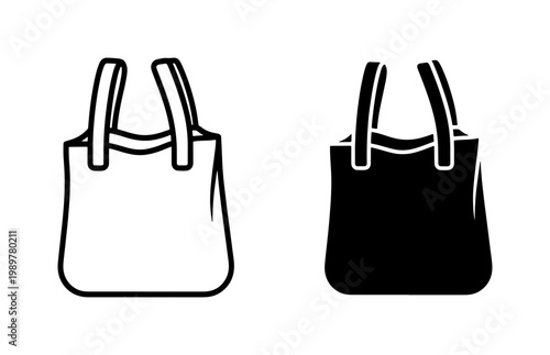 Minimalist tote bag vector icons, reusable canvas shopping bag line art, eco-friendly cotton handbag silhouettes for retail and fashion design